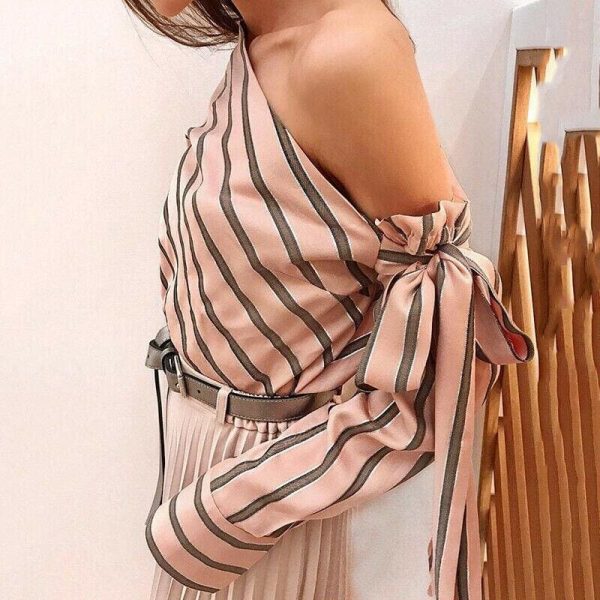 The Best Summer Women New Striped Loose Blouse Fashion Ladies Off Shoulder Lace Up Shirts Female Elegant Tops Blouses Online - Hplify
