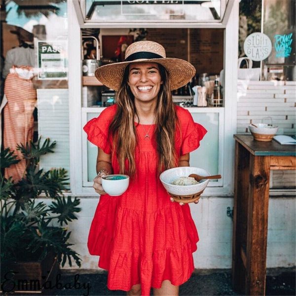 The Best Summer Women Ruffle Sleeveless Evening Party Beach Holiday Loose Dress Simple Casual Solid Vacation Sundress Online - Hplify