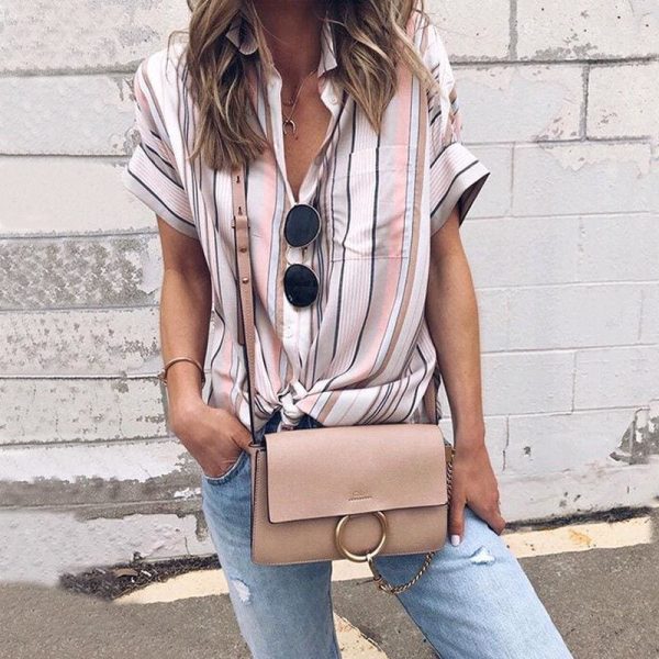 The Best Summer Women Short Sleeve Loose Shirts Fashion Ladies Casual Striped V-Neck Baggy Blouse Tops Tunic Shirt Online - Hplify