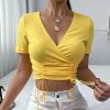 The Best Summer Women Short Sleeve V-Neck Solid Casual Bodysuit Shirt Ladies Beach Soft Slim Thin Crop Tops T-Shirt Online - Hplify