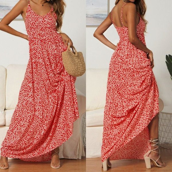 The Best Summer Women's Bohemian Floral Sling V-neck Dress Fashion Ladies Sleeveless Holiday Maxi Dress Sundress Online - Hplify