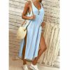 The Best Summer Women's Solid Color Split Sleeveless V-Neck Loose Casual Party Bohemian Dress Holiday Beach Sundress Online - Hplify
