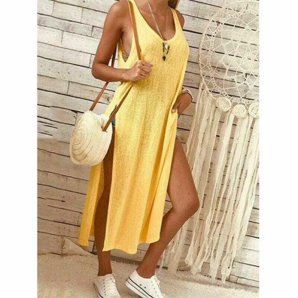 The Best Summer Women's Solid Color Split Sleeveless V-Neck Loose Casual Party Bohemian Dress Holiday Beach Sundress Online - Hplify