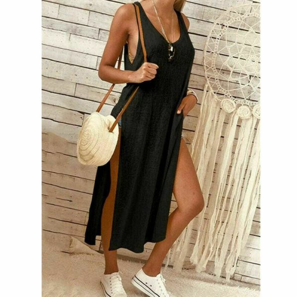 The Best Summer Women's Solid Color Split Sleeveless V-Neck Loose Casual Party Bohemian Dress Holiday Beach Sundress Online - Hplify