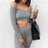 The Best Two Piece Outfit Women Tracksuit Off Shoulder Long Sleeve Crop Top Pencil Pants Leggings Set Bodycon Slim Casual Sport Suit Online - Hplify