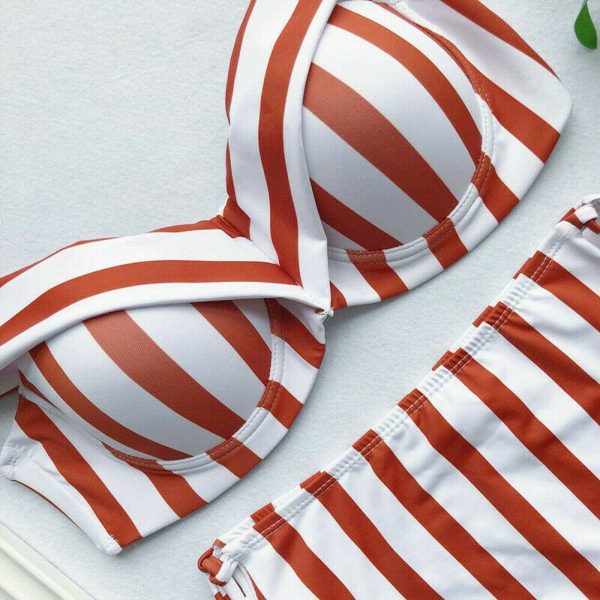 The Best Two Pieces Women V Neck Sexy Striped High Waist Striped Swimwear Brazilian Bikini Set Online - Hplify