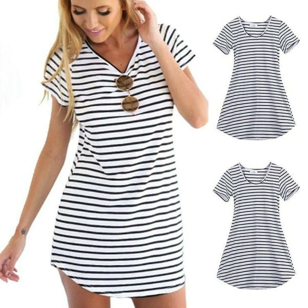 The Best UK Fashion Women Girls Striped Casual Short Mini Dress Casual A-line Club Party Dresses Online - Hplify