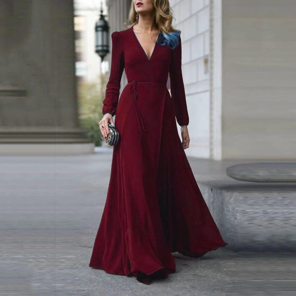 The Best Vintage Formal Dress Women Lady V Neck Long Sleeve Maxi Dress Autumn Winter Evening Party Wedding Prom Gown Dress Online - Hplify
