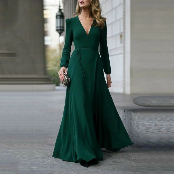 The Best Vintage Formal Dress Women Lady V Neck Long Sleeve Maxi Dress Autumn Winter Evening Party Wedding Prom Gown Dress Online - Hplify