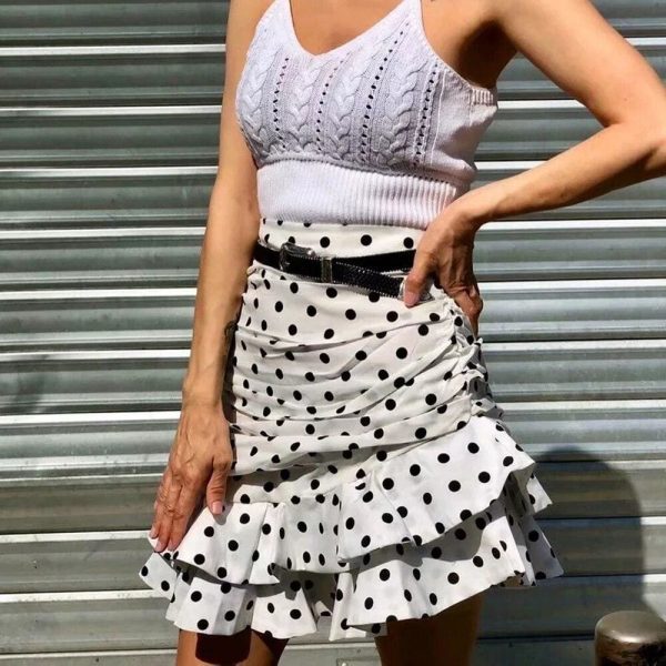 The Best Vintage Polka Dot White Mini Skirts Women high waist skirt streetwear korean style chic Ruffle skirt Casual Summer skirts Online - Hplify