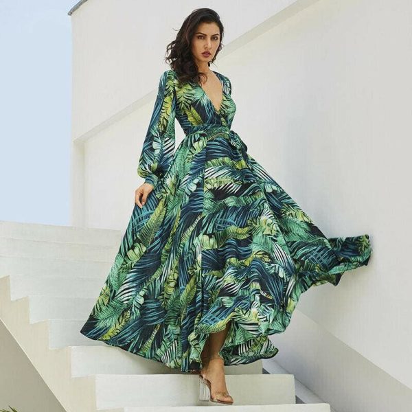 The Best Vintage Women Boho Floral V-Neck Long Maxi Dress Summer Beach Elegant Ladies Casual Long Sleeve Holiday Party Sundress Online - Hplify