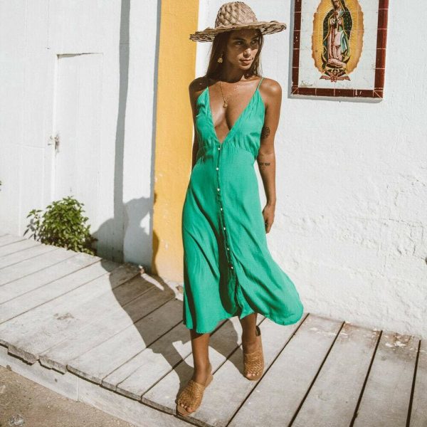 The Best Vintage Women Boho Long Maxi Dress Sexy Ladies V-Neck Backless Summer Beach Strappy Party Casual Button Sundress Online - Hplify
