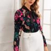 The Best Vintage Women Bow Collar Long Sleeve Shirt Blouse Bodysuit Stretch Leotard Top Floral Slim Romper Jumpsuit Online - Hplify