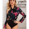 The Best Vintage Women Bow Collar Long Sleeve Shirt Blouse Bodysuit Stretch Leotard Top Floral Slim Romper Jumpsuit Online - Hplify