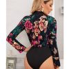The Best Vintage Women Bow Collar Long Sleeve Shirt Blouse Bodysuit Stretch Leotard Top Floral Slim Romper Jumpsuit Online - Hplify
