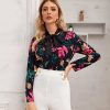 The Best Vintage Women Bow Collar Long Sleeve Shirt Blouse Bodysuit Stretch Leotard Top Floral Slim Romper Jumpsuit Online - Hplify