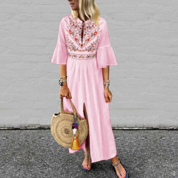 The Best Vintage Women Fashion Boho Long Maxi Dress Summer Holiday Floral Ladies Casual Short Sleeve Loose Sundress Online - Hplify