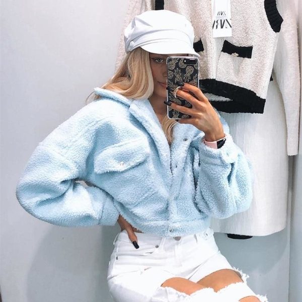The Best Winter Fashion Soft Cotton Velvet Short Jacket Ladies Casual Long Sleeve Turn-down Collar Fleece Coat With Pockets White Blue Online - Hplify