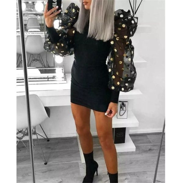 The Best Woman Fashion Casual Slim Female Bodycon Mini Dresses Spring Fall Puff Mesh Polka Dot Long Sleeve Black Club Dress Online - Hplify