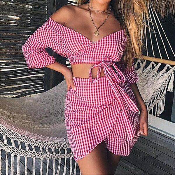 The Best Women 2 Piece Plaid Crop Top Bodycon Skirt Sexy Ladies Casual Summer Beach Party Mini Dress Outfit Holiday Online - Hplify