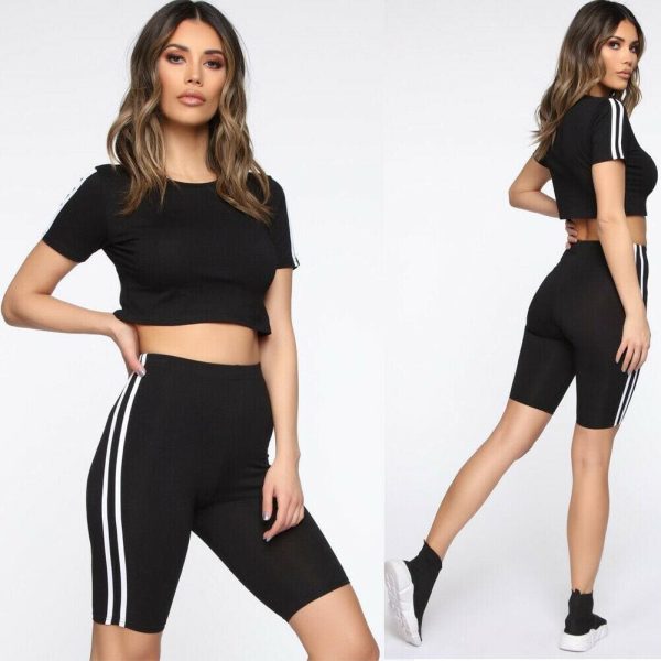 The Best Women 2pcs Sports Suit Solid Crop Top + Shorts Beach Wear Running Gym Stripe Outfits Summer Casual Workout Clothes Tracksuit Online - Hplify