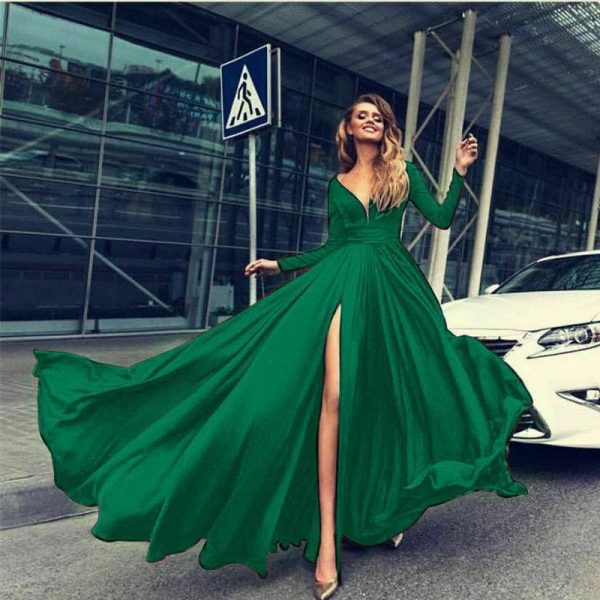 The Best Women Autumn Long Sleeve Maxi Dress Elegant Split Formal Evening Party Dress Fashion V neck Women vestidos Online - Hplify
