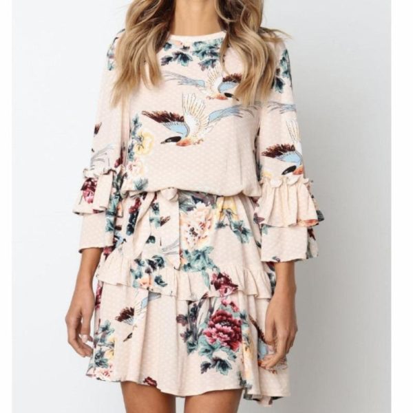 The Best Women Autumn Spring Elegant Vintage Floral Ruffles Mini Dress Chsinese Printed Casual Dress Online - Hplify