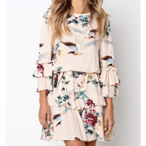 The Best Women Autumn Spring Elegant Vintage Floral Ruffles Mini Dress Chsinese Printed Casual Dress Online - Hplify