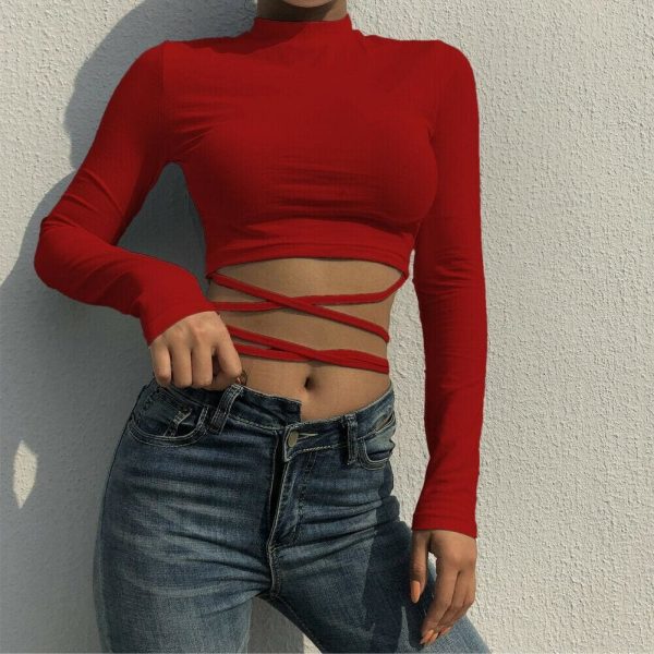 The Best Women Bandage Tight Crop Tops Long Sleeve Bodycon Long Sleeve T shirt Ladies Plain Tee shirt Femme Party Club Tshirt Online - Hplify