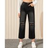 The Best Women Black Destroyed Ripped Hole Casual Jeans Straight Wide Leg Denim Trousers Ladies High Waist Long Jeans Pants Online - Hplify