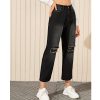The Best Women Black Destroyed Ripped Hole Casual Jeans Straight Wide Leg Denim Trousers Ladies High Waist Long Jeans Pants Online - Hplify