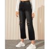 The Best Women Black Destroyed Ripped Hole Casual Jeans Straight Wide Leg Denim Trousers Ladies High Waist Long Jeans Pants Online - Hplify