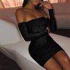 The Best Women Bling Bodycon Mini Dress Elegant Strapless Off Shoulder Long Sleeve Party Club Short Ladies Dresses Online - Hplify