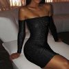 The Best Women Bling Bodycon Mini Dress Elegant Strapless Off Shoulder Long Sleeve Party Club Short Ladies Dresses Online - Hplify