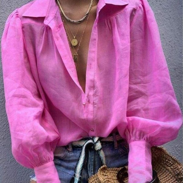 The Best Women Blouse Fashion Lantern Sleeve Loose Blouse V Neck Casual Office Lady Shirts Tops Autumn Womens Clothing Top Femme Online - Hplify