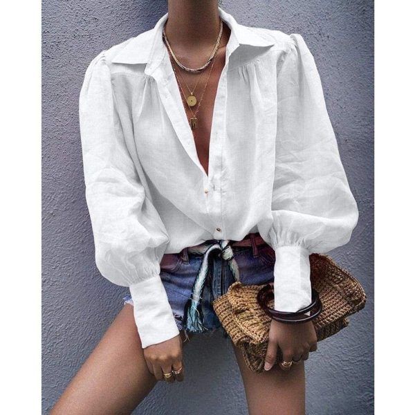 The Best Women Blouse Fashion Lantern Sleeve Loose Blouse V Neck Casual Office Lady Shirts Tops Autumn Womens Clothing Top Femme Online - Hplify