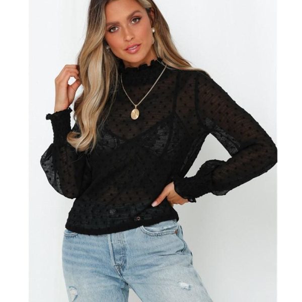 The Best Women Blouse Shirt High Neck Polka Dot Mesh Sheer See-Through Long Sleeve Tops Tee Shirt Online - Hplify
