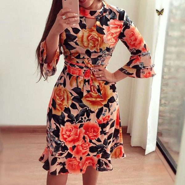 The Best Women Boho 3/4 Sleeve Ruffles Loose Fit Short Party Dress Casual Ladies Holiday Clothing Online - Hplify