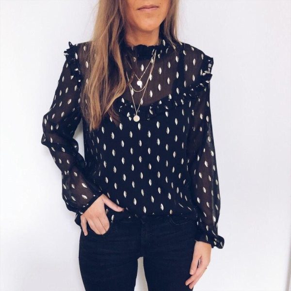 The Best Women Boho Beach Summer Chiffon Blouse Shirt Elegant Lady Polka Dot Top Ruffles Ladies Long Sleeve Tops Shirt Online - Hplify