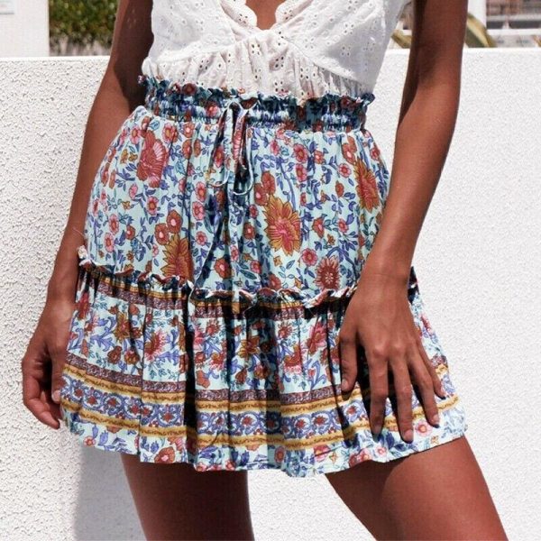 The Best Women Boho Casual Floral Skirt New Fashion Ladies Stretch High Waist Beach Summer Short Mini Skirt Sundress Online - Hplify
