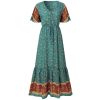 The Best Women Boho Floral Long Maxi Dress Fashion Ladies Short Sleeve V Neck Beach Dresses Casual Summer Sundress Online - Hplify