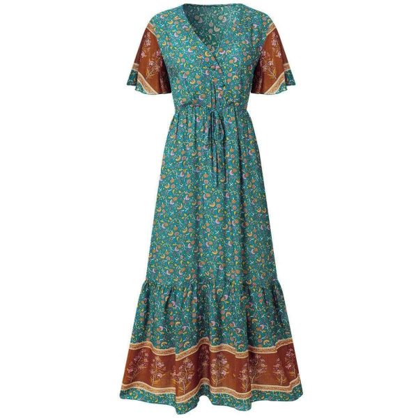 The Best Women Boho Floral Long Maxi Dress Fashion Ladies Short Sleeve V Neck Beach Dresses Casual Summer Sundress Online - Hplify