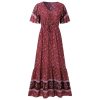 The Best Women Boho Floral Long Maxi Dress Fashion Ladies Short Sleeve V Neck Beach Dresses Casual Summer Sundress Online - Hplify