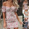 The Best Women Boho Floral Off Shoulder Bodycon Short Sleeve Dress Summer Beach Party Short Mini Slim Dress Sundress Online - Hplify