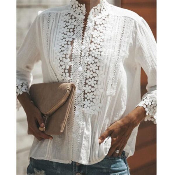 The Best Women Boho Long Sleeve Floral Lace White Tops Blouses Hollow out Beach Elegant Shirt harajuku femme Clothes Summer Party Tops Online - Hplify
