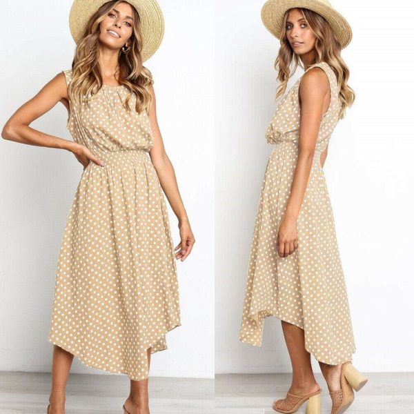 The Best Women Boho Sleeveless Midi Dress Polka Dot Fashion Summer Party High Waist O-Neck Holiday Beach Dress Sundress Online - Hplify