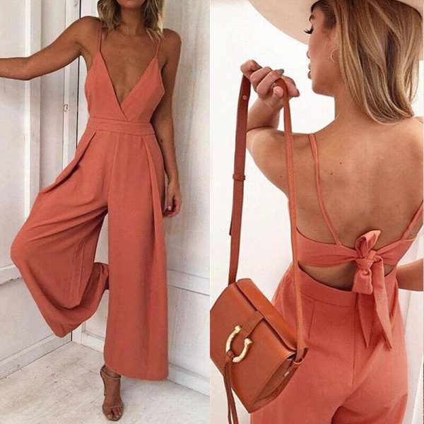 The Best Women Boho Strap V Neck Backless Jumpsuit Ladies Holiday Playsuit Casual Long Pant Trouser Beach Jumpsuit Online - Hplify