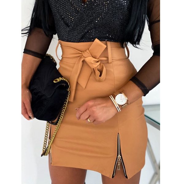 The Best Women Bow Tie High Waist Mini Skirt Zip Up Stretch Bandage Bodycon Skirt Online - Hplify