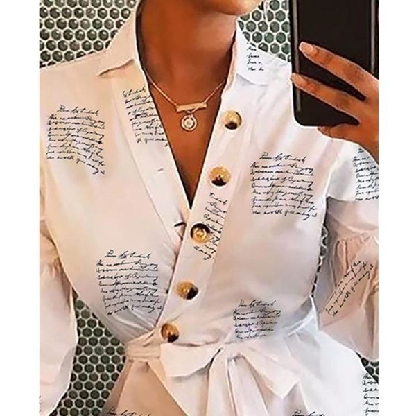 The Best Women Button Blouse Shirt Female Clothing Long Sleeve Blusas Casual Women's Office Blouses Print Letter Lady OL Top Online - Hplify