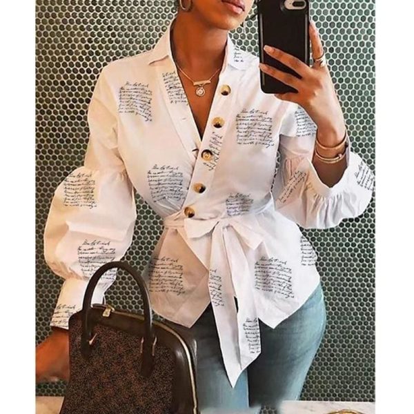 The Best Women Button Blouse Shirt Female Clothing Long Sleeve Blusas Casual Women's Office Blouses Print Letter Lady OL Top Online - Hplify